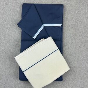 Vtg Sears Perma-Prest Percale Twin Flat Sheet Navy Blue Cream Pillowcase